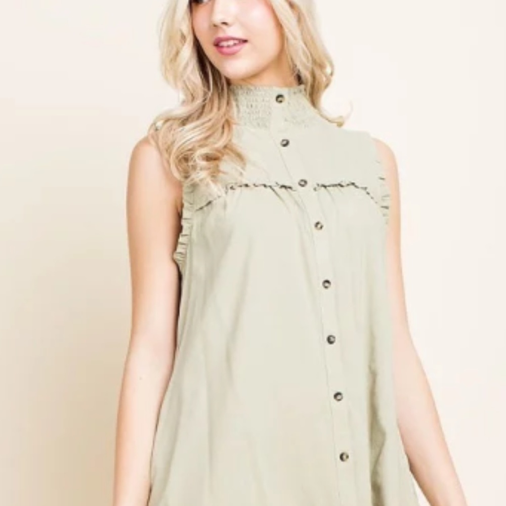 Smocked high neck button down dress